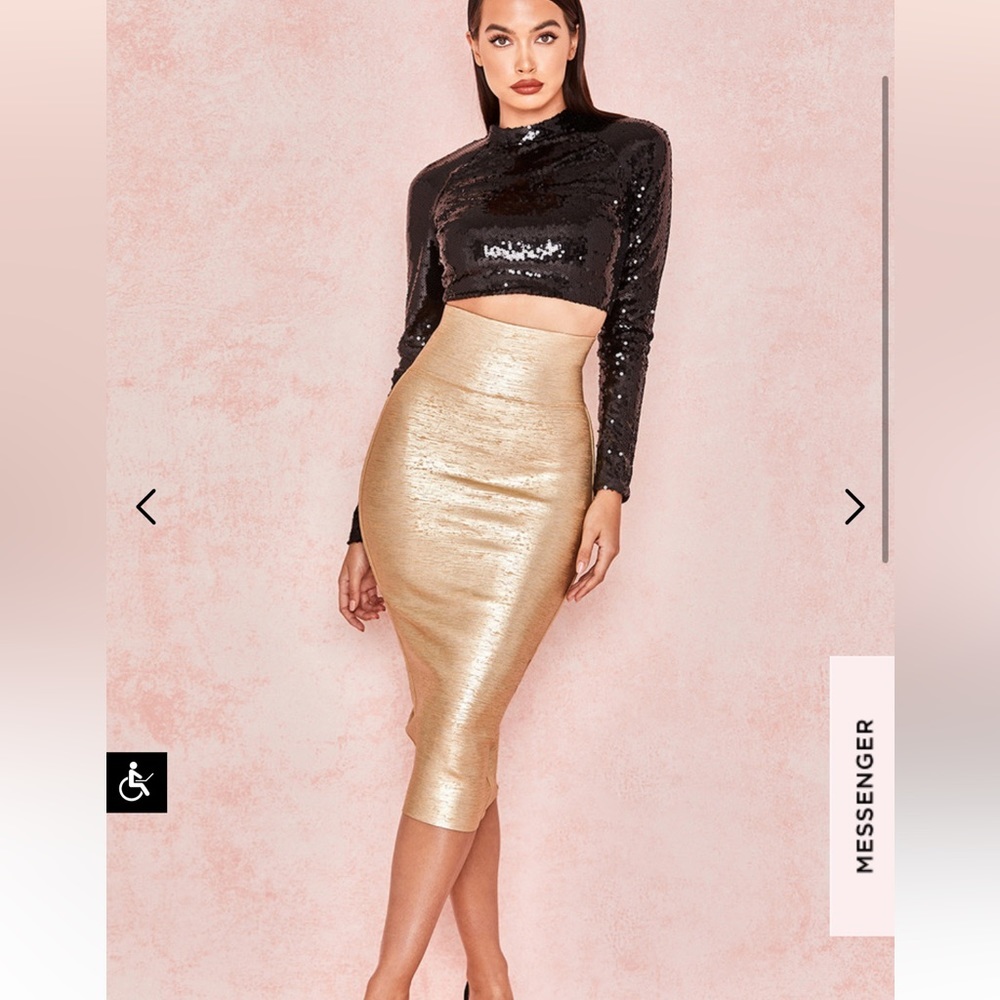 COPY - HOUSE OF CB 'Michaela' Gold Foil High Waist Bandage Pencil Midi Skirt Si…